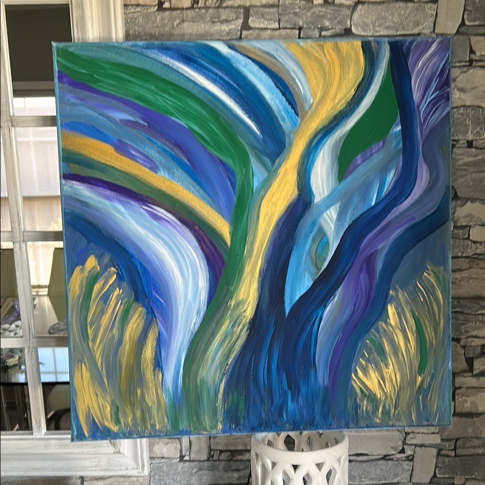 Blue and Gold Abstract Acrylic Painting with Dynamic Movement. Titled SWAY